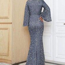 Women Party Dress Sequin A-line Bell Sleeves Evening Dress Slim Fit Low-cut V Neck Back Zipper Closure Prom Dress For Wedding