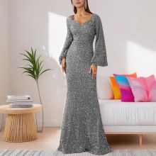 Women Party Dress Sequin A-line Bell Sleeves Evening Dress Slim Fit Low-cut V Neck Back Zipper Closure Prom Dress For Wedding