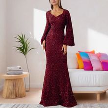 Women Party Dress Sequin A-line Bell Sleeves Evening Dress Slim Fit Low-cut V Neck Back Zipper Closure Prom Dress For Wedding