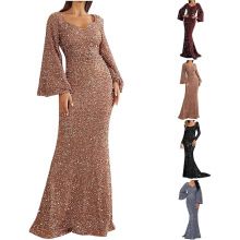 Women Party Dress Sequin A-line Bell Sleeves Evening Dress Slim Fit Low-cut V Neck Back Zipper Closure Prom Dress For Wedding