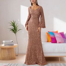 Women Party Dress Sequin A-line Bell Sleeves Evening Dress Slim Fit Low-cut V Neck Back Zipper Closure Prom Dress For Wedding