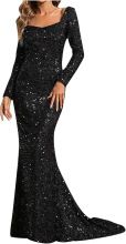Women Party Dress Sequin A-line Bell Sleeves Evening Dress Slim Fit Low-cut V Neck Back Zipper Closure Prom Dress For Wedding