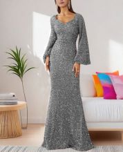 Women Party Dress Sequin A-line Bell Sleeves Evening Dress Slim Fit Low-cut V Neck Back Zipper Closure Prom Dress For Wedding