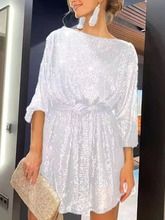 Women Sequined Long Sleeve Solid Color Evening Party Mini Dress O Neck Sexy Club Dress