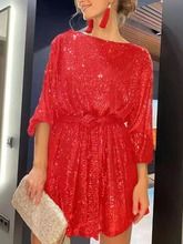 Women Sequined Long Sleeve Solid Color Evening Party Mini Dress O Neck Sexy Club Dress