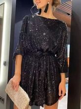 Women Sequined Long Sleeve Solid Color Evening Party Mini Dress O Neck Sexy Club Dress