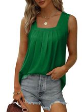 Summer Tank Tops for Women Loose Fit Pleated Square Neck Sleeveless Tops Curved Hem Flowy
