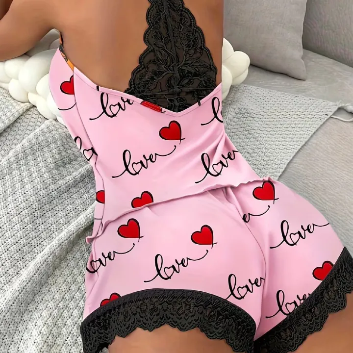 Women's Cute Heart Print Satin Pajama Set - V Neck Cami Top and Elastic Shorts for Comfortable Sleep and Lounging Homewear