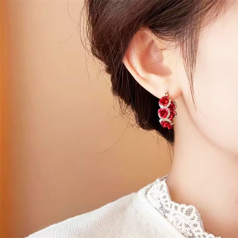 Fashion Trend Unique Design Elegant Delicate Zircon Rose Flower Circle Earrings For Women Jewelry Wedding Party Premium Gifts