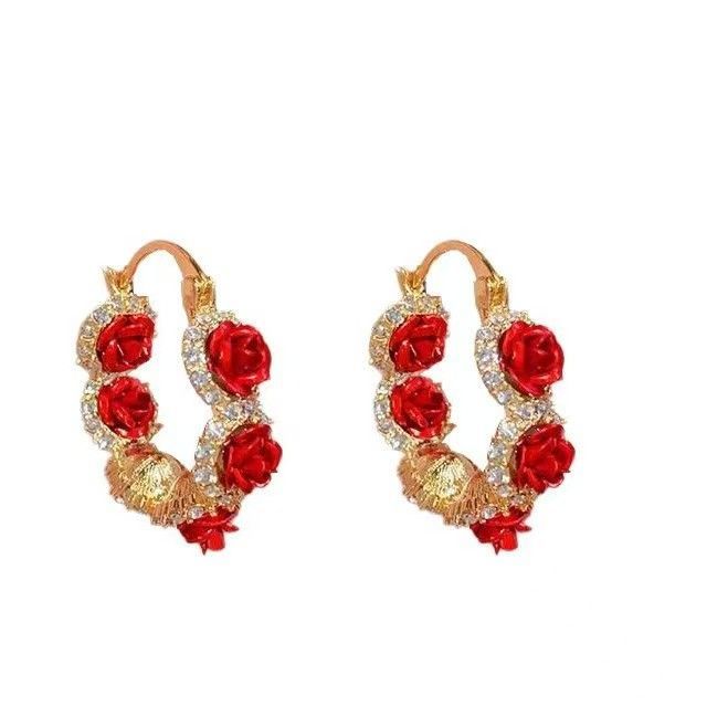 Fashion Trend Unique Design Elegant Delicate Zircon Rose Flower Circle Earrings For Women Jewelry Wedding Party Premium Gifts