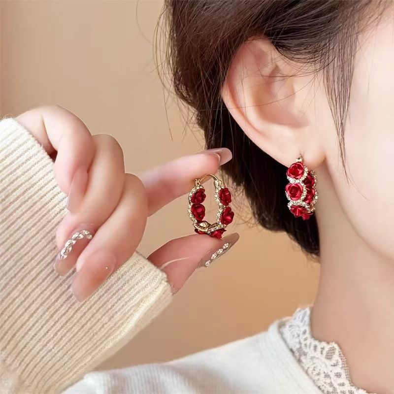 Fashion Trend Unique Design Elegant Delicate Zircon Rose Flower Circle Earrings For Women Jewelry Wedding Party Premium Gifts