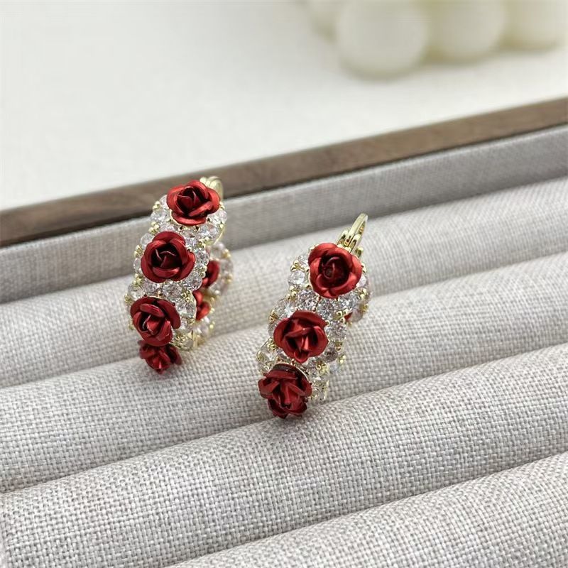 Fashion Trend Unique Design Elegant Delicate Zircon Rose Flower Circle Earrings For Women Jewelry Wedding Party Premium Gifts