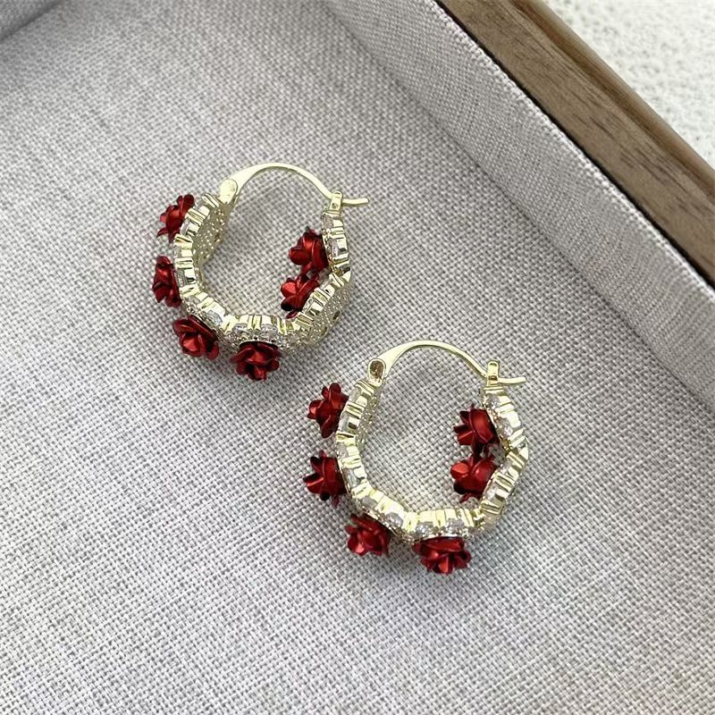 Fashion Trend Unique Design Elegant Delicate Zircon Rose Flower Circle Earrings For Women Jewelry Wedding Party Premium Gifts