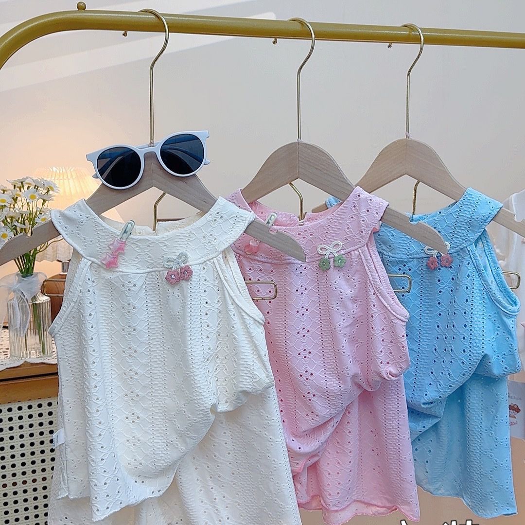 2 Pcs Kids Hollow Out Jacquard Breathable Mesh Tops Girls Camisole Skirt Pants Sets Summer New Baby Korean Ruffle Edge Vest Set