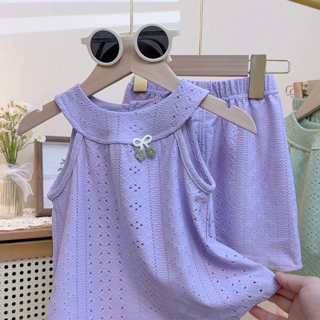 2 Pcs Kids Hollow Out Jacquard Breathable Mesh Tops Girls Camisole Skirt Pants Sets Summer New Baby Korean Ruffle Edge Vest Set
