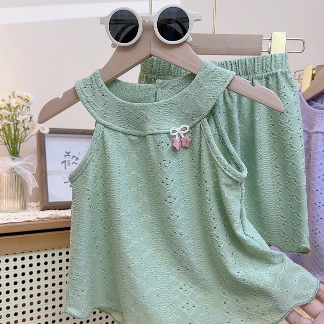 2 Pcs Kids Hollow Out Jacquard Breathable Mesh Tops Girls Camisole Skirt Pants Sets Summer New Baby Korean Ruffle Edge Vest Set