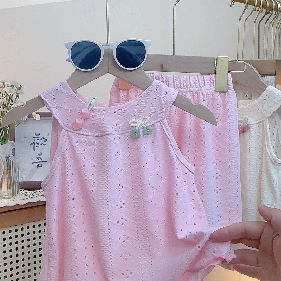 2 Pcs Kids Hollow Out Jacquard Breathable Mesh Tops Girls Camisole Skirt Pants Sets Summer New Baby Korean Ruffle Edge Vest Set