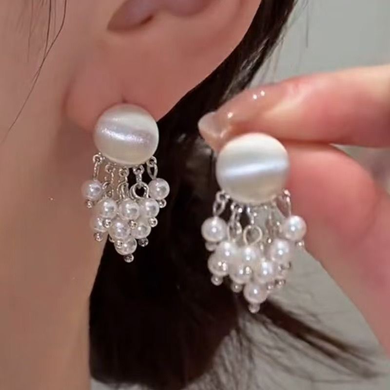 Metal Brushed Pearl Tassel Pendant Earrings For Women Elegant Gold Color Round Geometric Earrings Jewelry Accessories