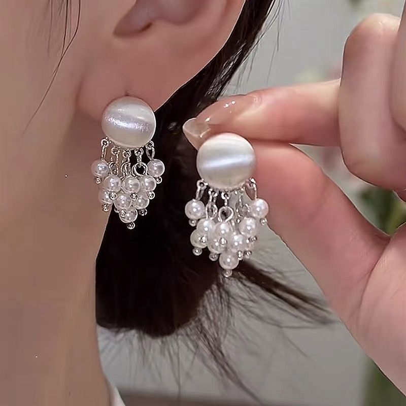 Metal Brushed Pearl Tassel Pendant Earrings For Women Elegant Gold Color Round Geometric Earrings Jewelry Accessories