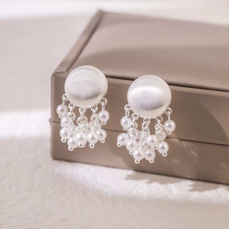 Metal Brushed Pearl Tassel Pendant Earrings For Women Elegant Gold Color Round Geometric Earrings Jewelry Accessories