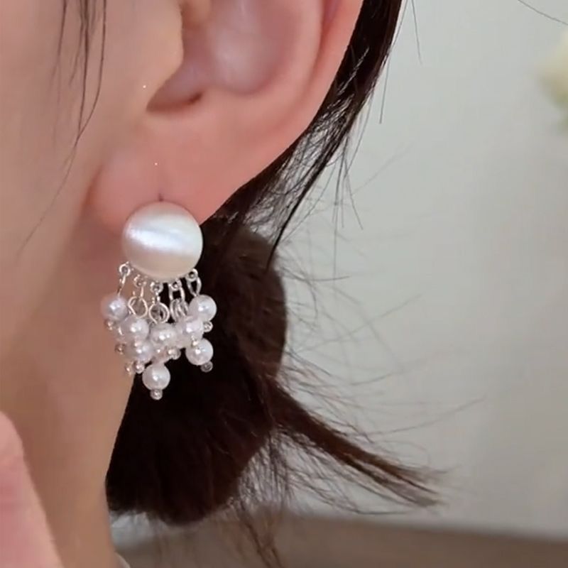Metal Brushed Pearl Tassel Pendant Earrings For Women Elegant Gold Color Round Geometric Earrings Jewelry Accessories