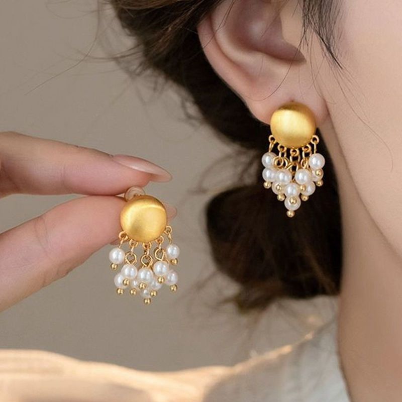 Metal Brushed Pearl Tassel Pendant Earrings For Women Elegant Gold Color Round Geometric Earrings Jewelry Accessories