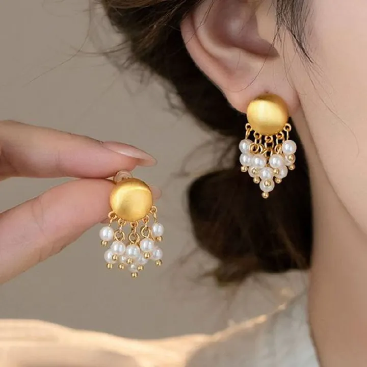 Metal Brushed Pearl Tassel Pendant Earrings For Women Elegant Gold Color Round Geometric Earrings Jewelry Accessories