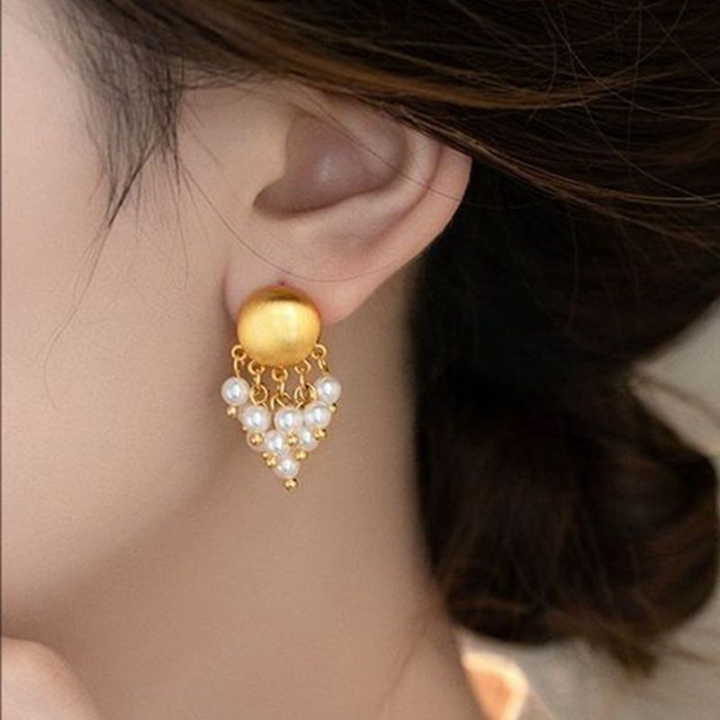Metal Brushed Pearl Tassel Pendant Earrings For Women Elegant Gold Color Round Geometric Earrings Jewelry Accessories