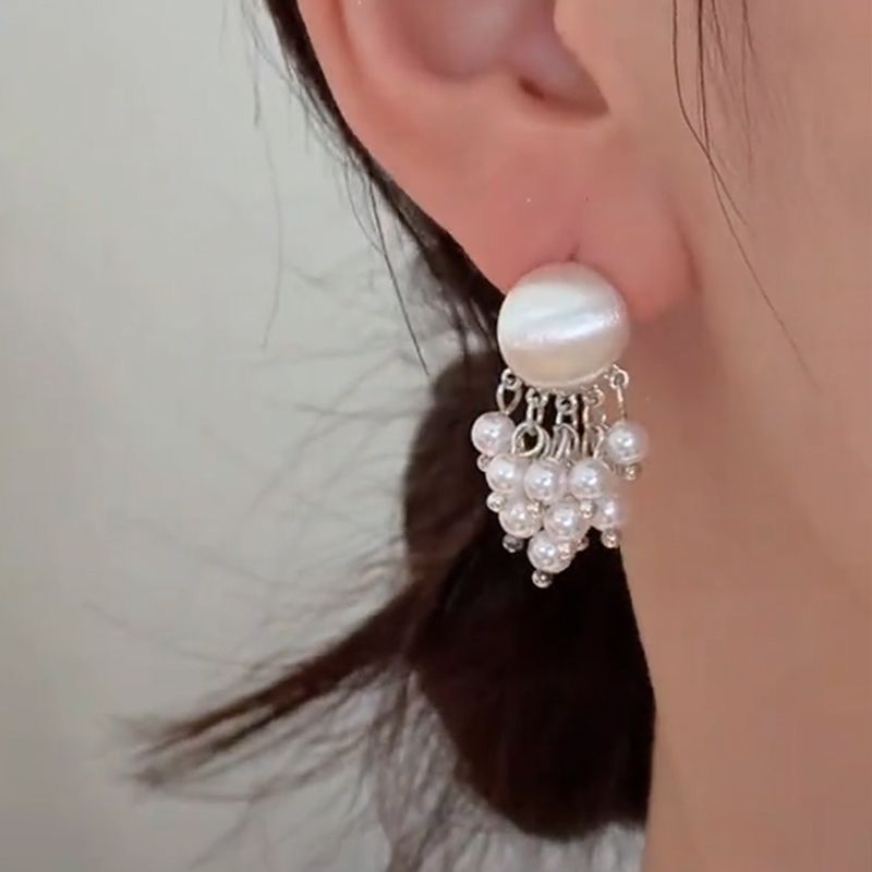 Metal Brushed Pearl Tassel Pendant Earrings For Women Elegant Gold Color Round Geometric Earrings Jewelry Accessories