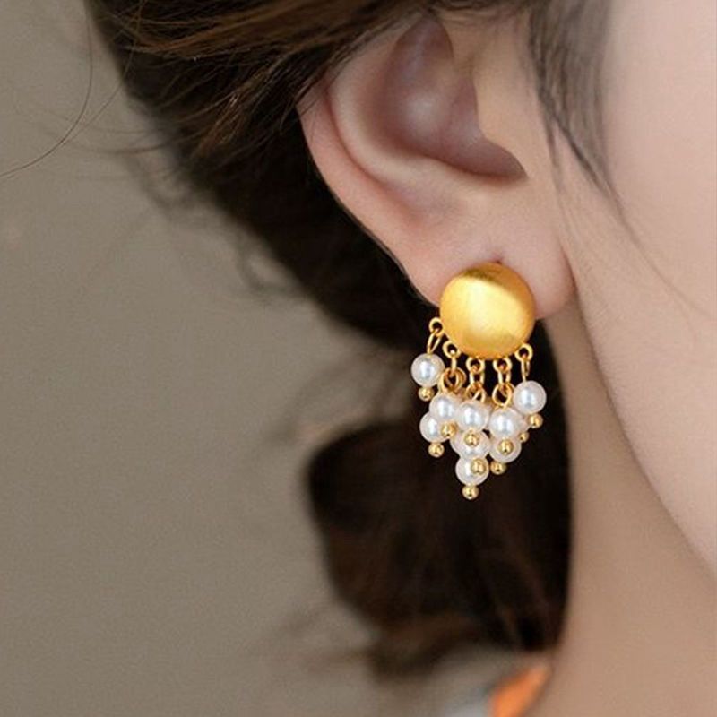 Metal Brushed Pearl Tassel Pendant Earrings For Women Elegant Gold Color Round Geometric Earrings Jewelry Accessories