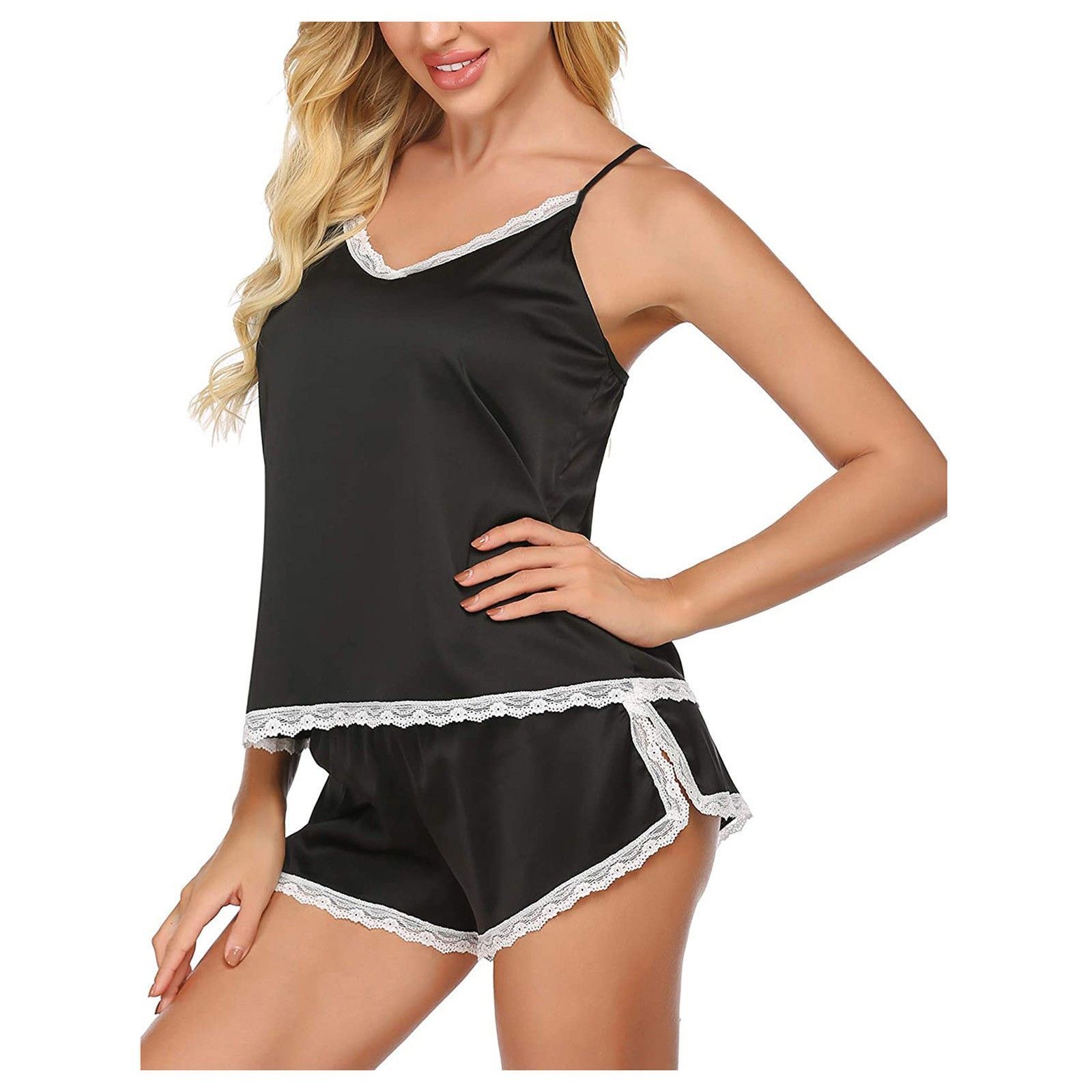 Champagne solid color Women Ice Silk Pajamas Sleepwear Pajama Set Satin Camisole Shorts Low Cut Comfortable Casual Summer