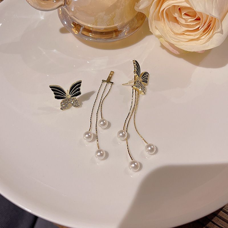 Charm Black Butterfly Pearl Drop Dangle Earrings for Women Korean Fashion Rhinestone Zircon Pendient Wedding Jewelry Accessories