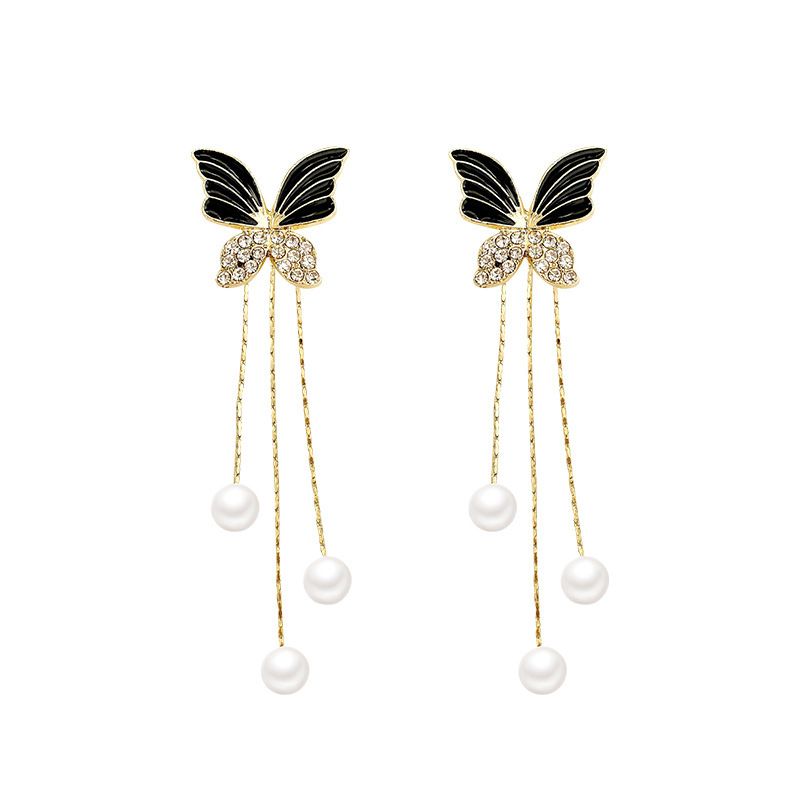 Charm Black Butterfly Pearl Drop Dangle Earrings for Women Korean Fashion Rhinestone Zircon Pendient Wedding Jewelry Accessories