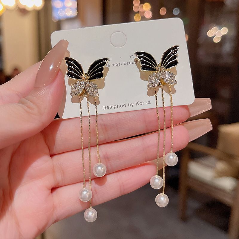 Charm Black Butterfly Pearl Drop Dangle Earrings for Women Korean Fashion Rhinestone Zircon Pendient Wedding Jewelry Accessories