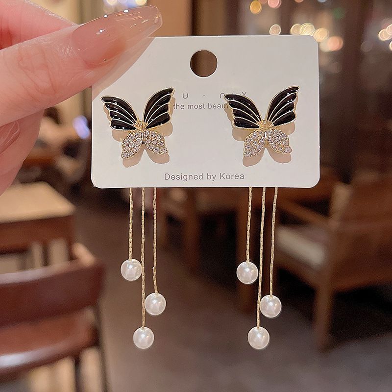 Charm Black Butterfly Pearl Drop Dangle Earrings for Women Korean Fashion Rhinestone Zircon Pendient Wedding Jewelry Accessories