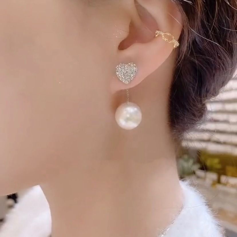 Korean Fashion New Red Pearl Water Diamond Two Wear Love Earrings Jewelry Elegant Women's Earrings Birthday Gift