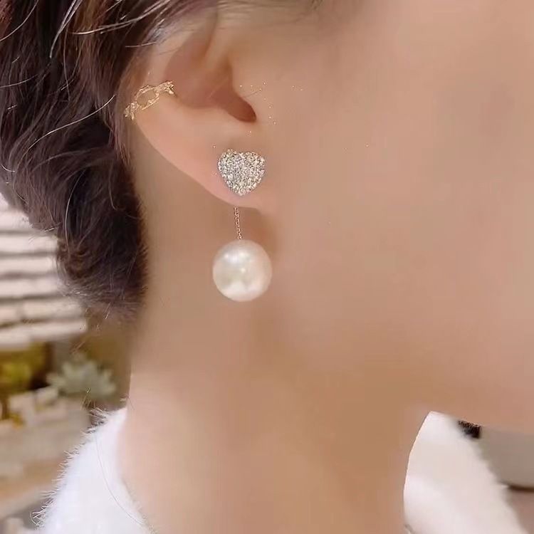 Korean Fashion New Red Pearl Water Diamond Two Wear Love Earrings Jewelry Elegant Women's Earrings Birthday Gift