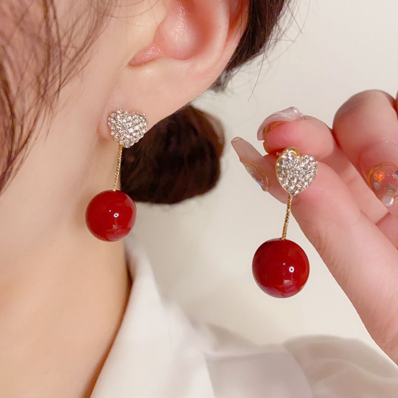 Korean Fashion New Red Pearl Water Diamond Two Wear Love Earrings Jewelry Elegant Women's Earrings Birthday Gift