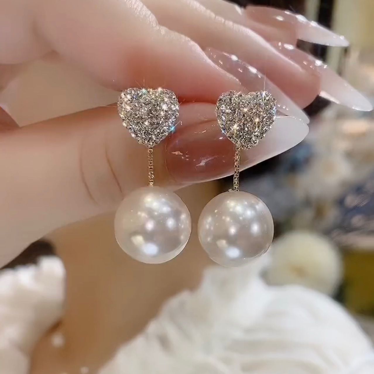 Korean Fashion New Red Pearl Water Diamond Two Wear Love Earrings Jewelry Elegant Women's Earrings Birthday Gift