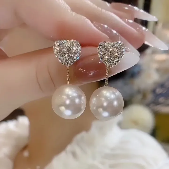 Korean Fashion New Red Pearl Water Diamond Two Wear Love Earrings Jewelry Elegant Women's Earrings Birthday Gift