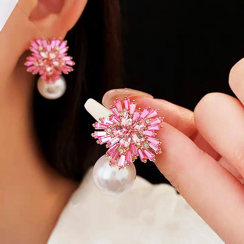 Light Luxury Imitation Pearl Earrings Women Fashion Zircon Crystal Earrings Snowflake Stud Earrings Jewelry For Party Wedding