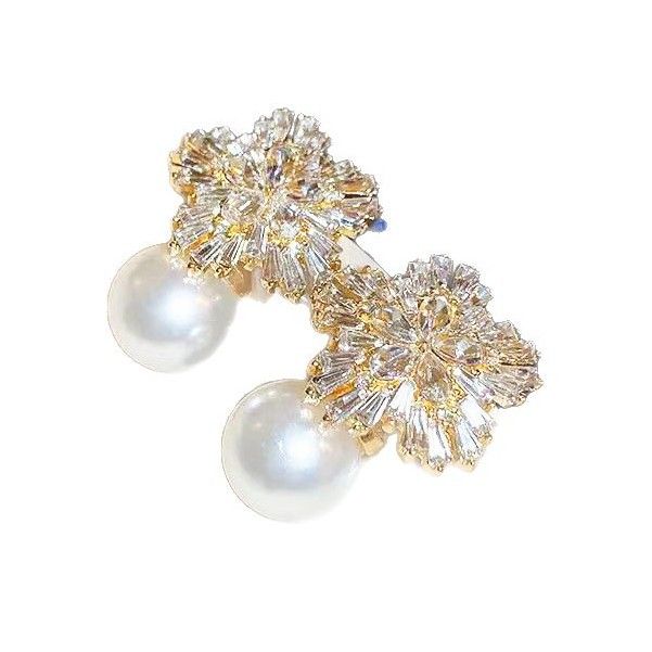 Light Luxury Imitation Pearl Earrings Women Fashion Zircon Crystal Earrings Snowflake Stud Earrings Jewelry For Party Wedding