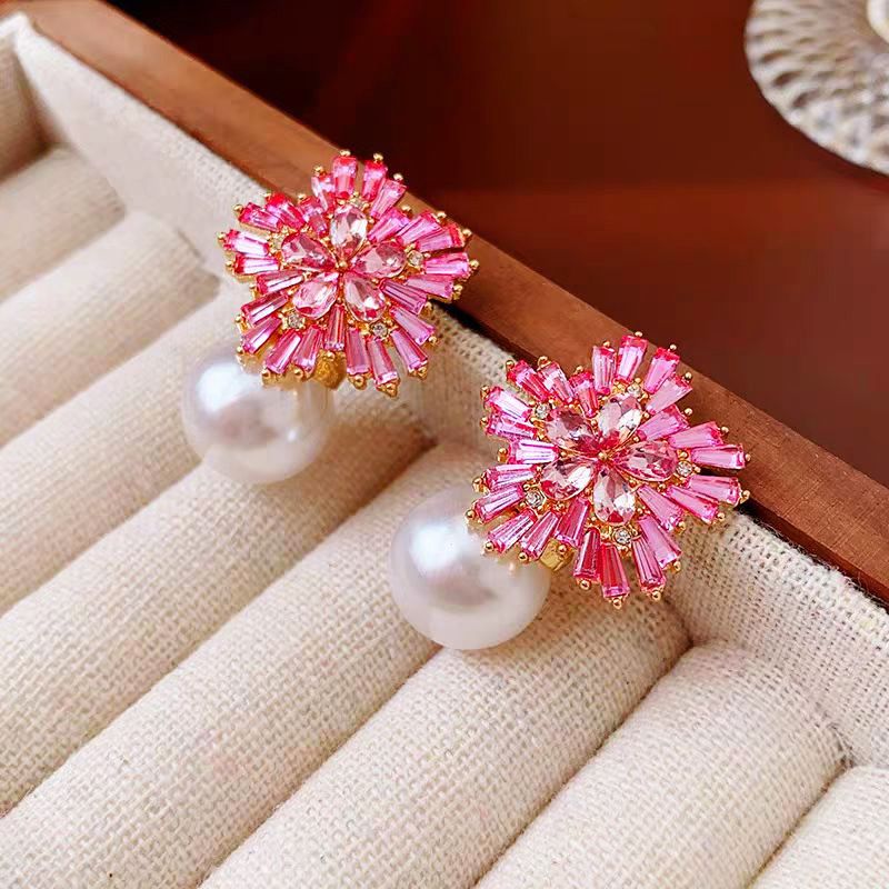 Light Luxury Imitation Pearl Earrings Women Fashion Zircon Crystal Earrings Snowflake Stud Earrings Jewelry For Party Wedding