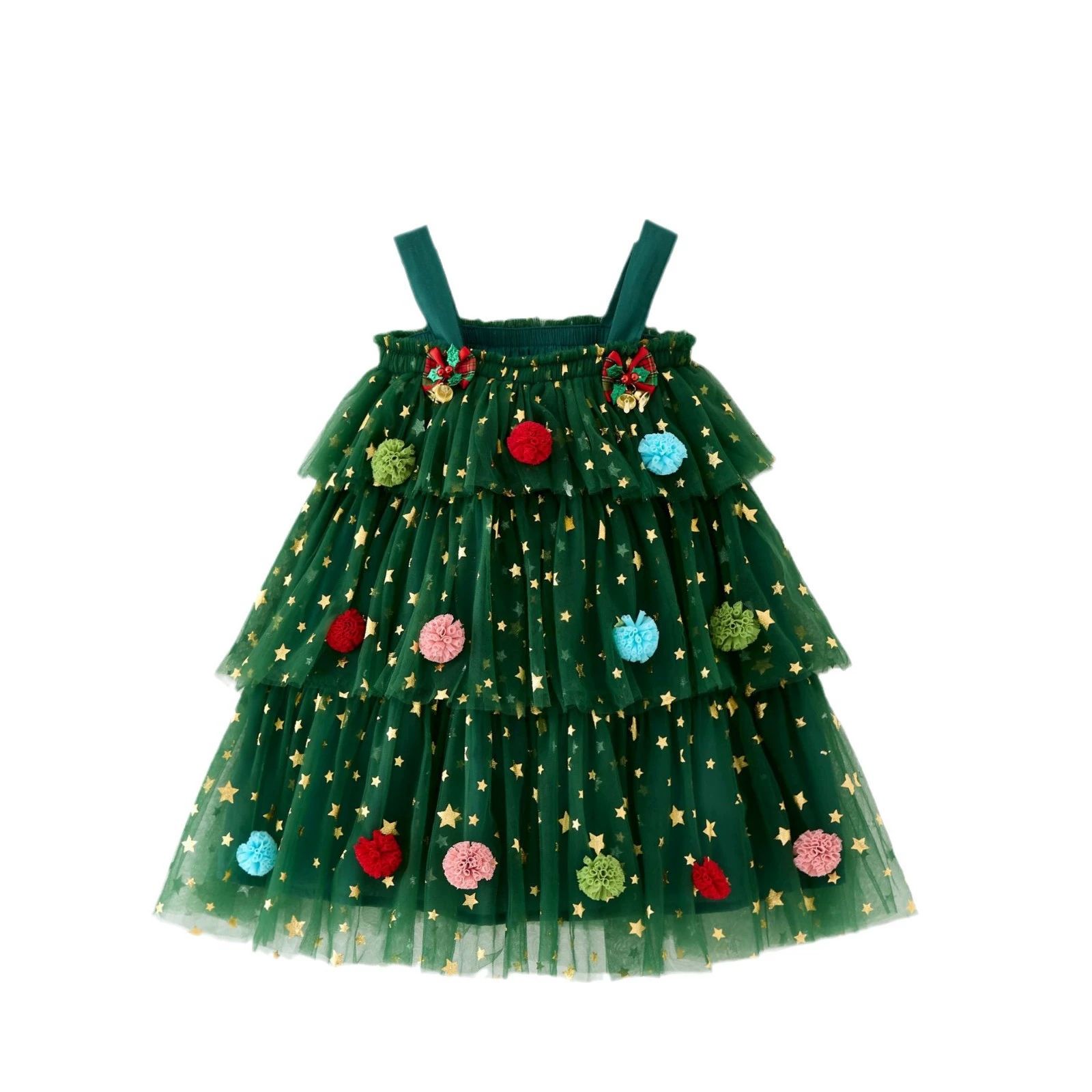 Christmas Kids Girl Stars Dress Baby Dresses for Girls Sleeveless Red Green Party Layered Tulle Dress Plush Ball Xmas Clothes