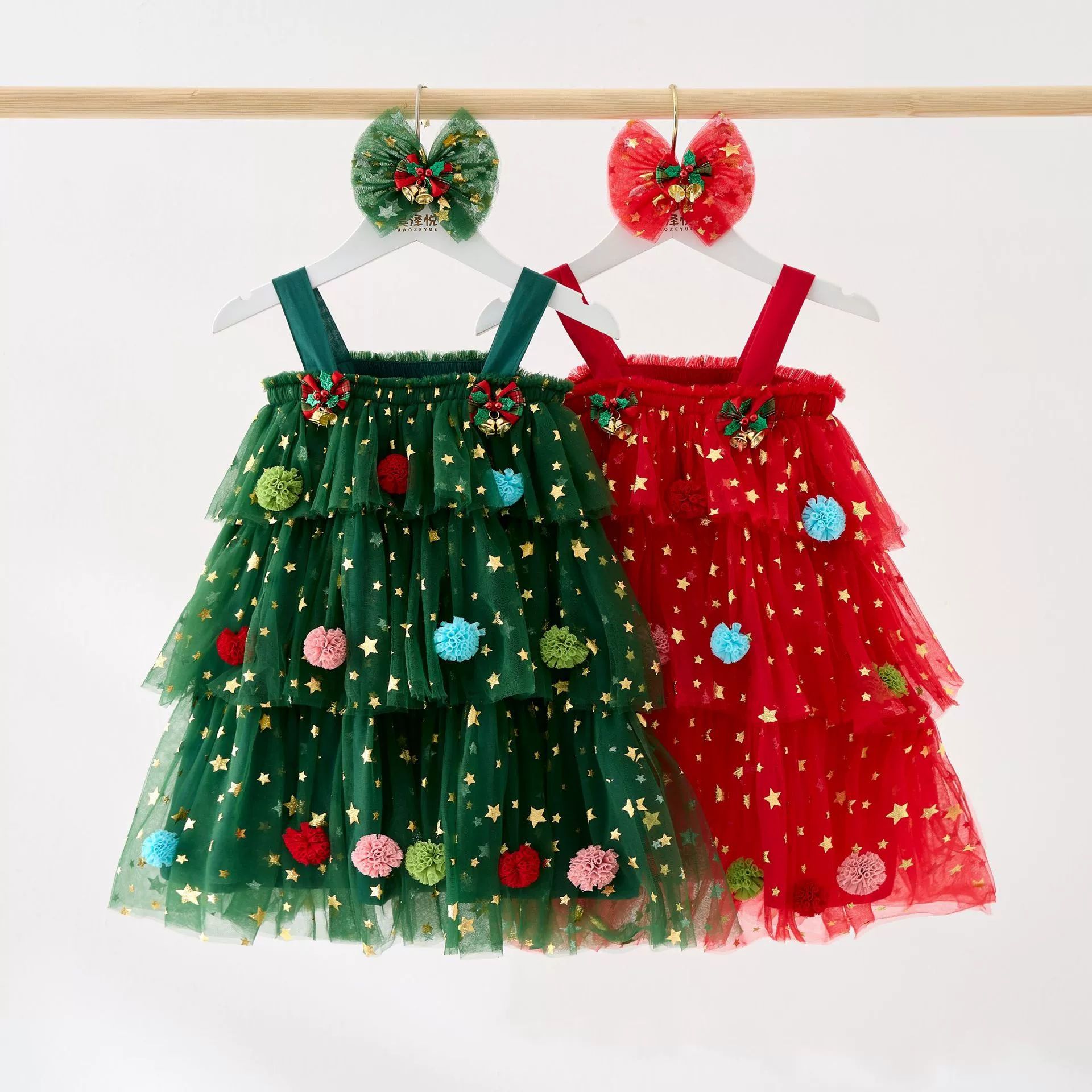 Christmas Kids Girl Stars Dress Baby Dresses for Girls Sleeveless Red Green Party Layered Tulle Dress Plush Ball Xmas Clothes