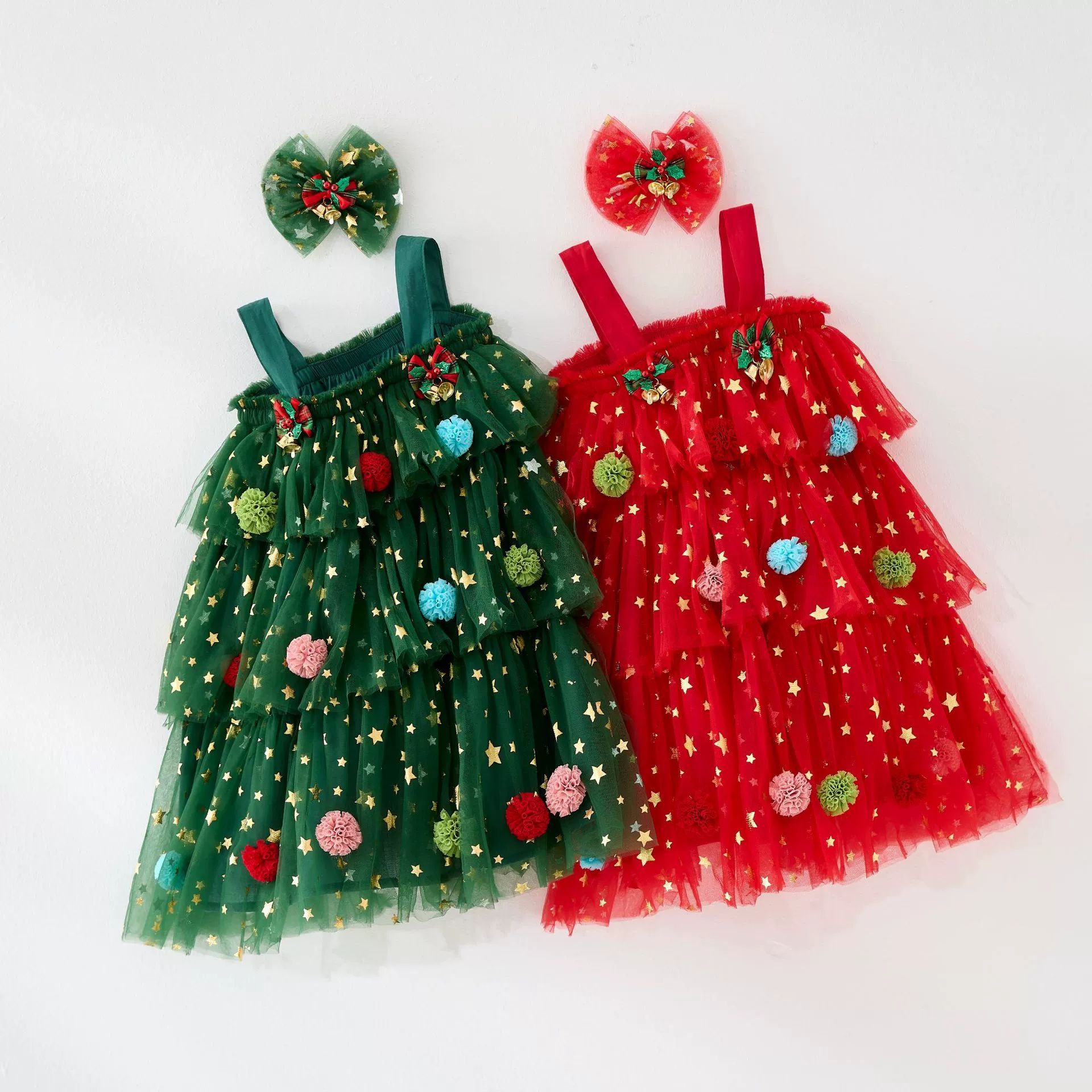 Christmas Kids Girl Stars Dress Baby Dresses for Girls Sleeveless Red Green Party Layered Tulle Dress Plush Ball Xmas Clothes
