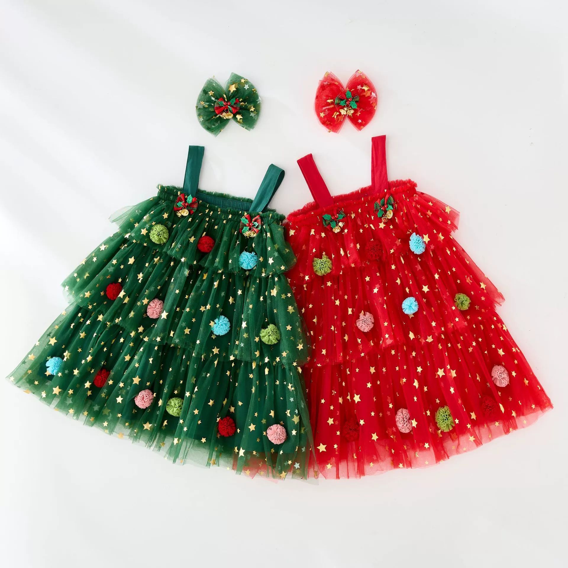 Christmas Kids Girl Stars Dress Baby Dresses for Girls Sleeveless Red Green Party Layered Tulle Dress Plush Ball Xmas Clothes