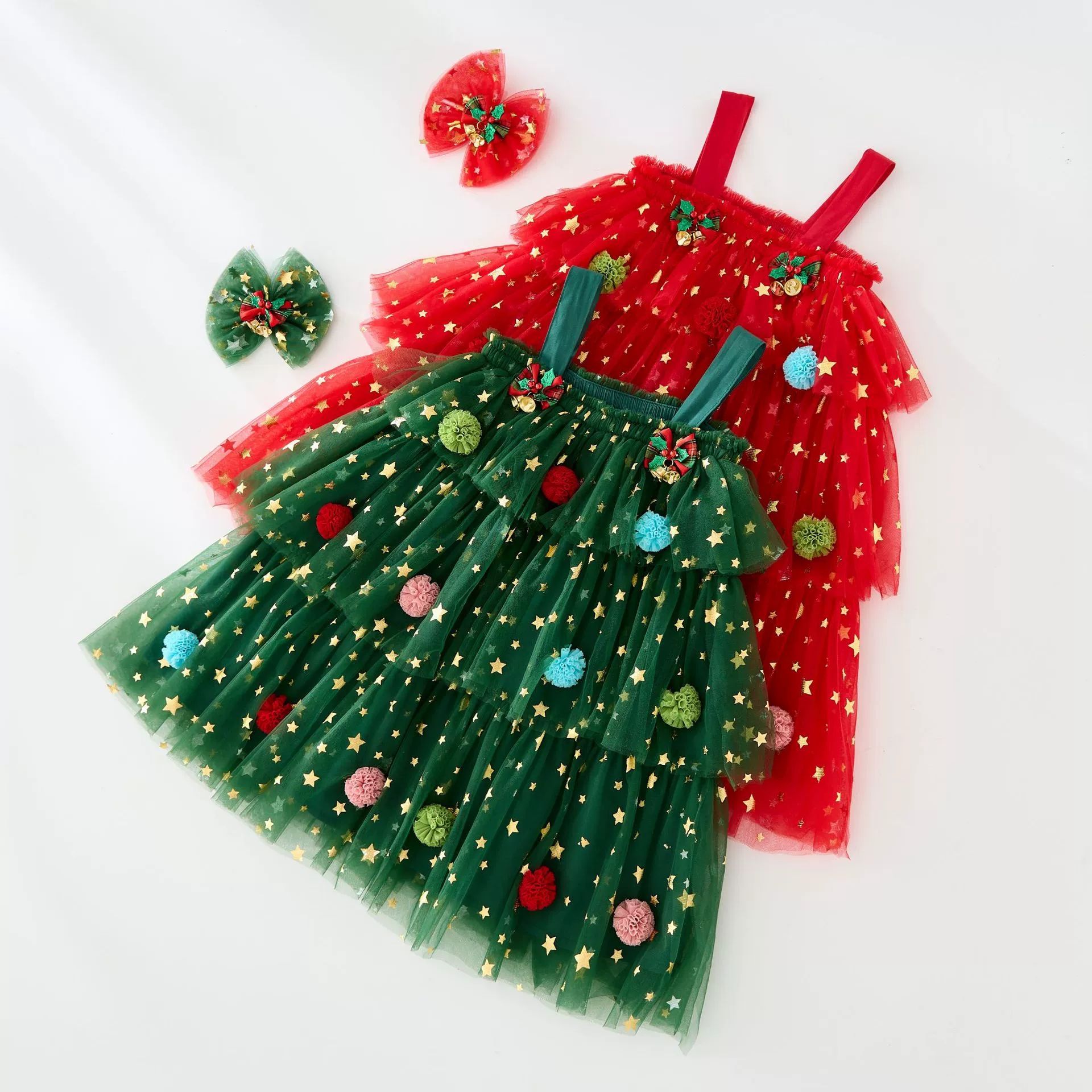Christmas Kids Girl Stars Dress Baby Dresses for Girls Sleeveless Red Green Party Layered Tulle Dress Plush Ball Xmas Clothes