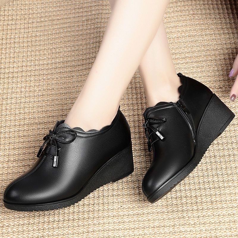 Spring Autumn New Women's Single Shoes Wedges Soft Sole Comfortable Large Size Mother's Leather High Heels Shoes Size