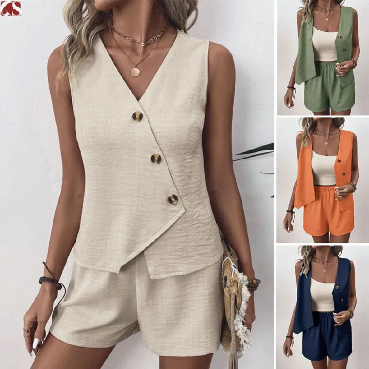 Summer Casual Solid Set Lady Fashion Sleeveless V Neck Button Tops+Shorts Two Piece Sets For Women Holiday Womens Clothing New